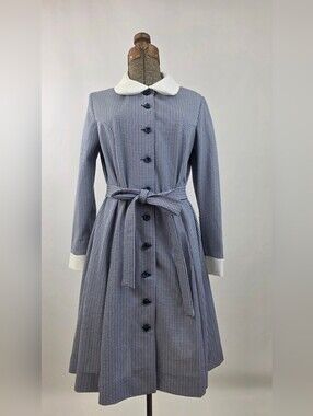 Vintage 70's ILGWU Union Made Women's Houndstooth Navy White Knee Length Coat S